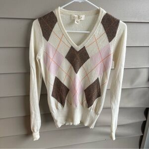 Peck & Peck Cashmere‎ Pullover Diamond Pattern V-Neck Size S Knit Cream Brown